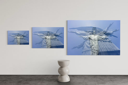 Cristo Redentor limited edition photography print shown in three sizes, 16 by 24, 24 by 36 and 40 by 60 inches