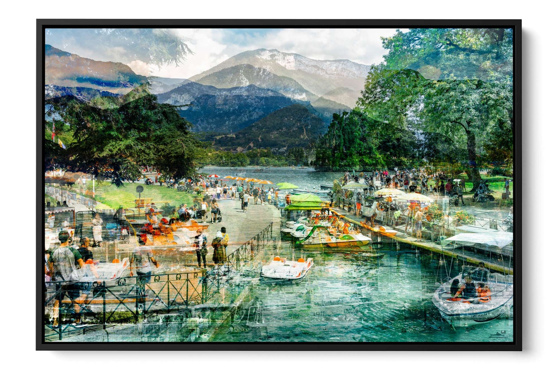 Afternoon Walk at Lake Annecy France photograph under acrylic glass with black floater frame, 24 by 36 inch artwork