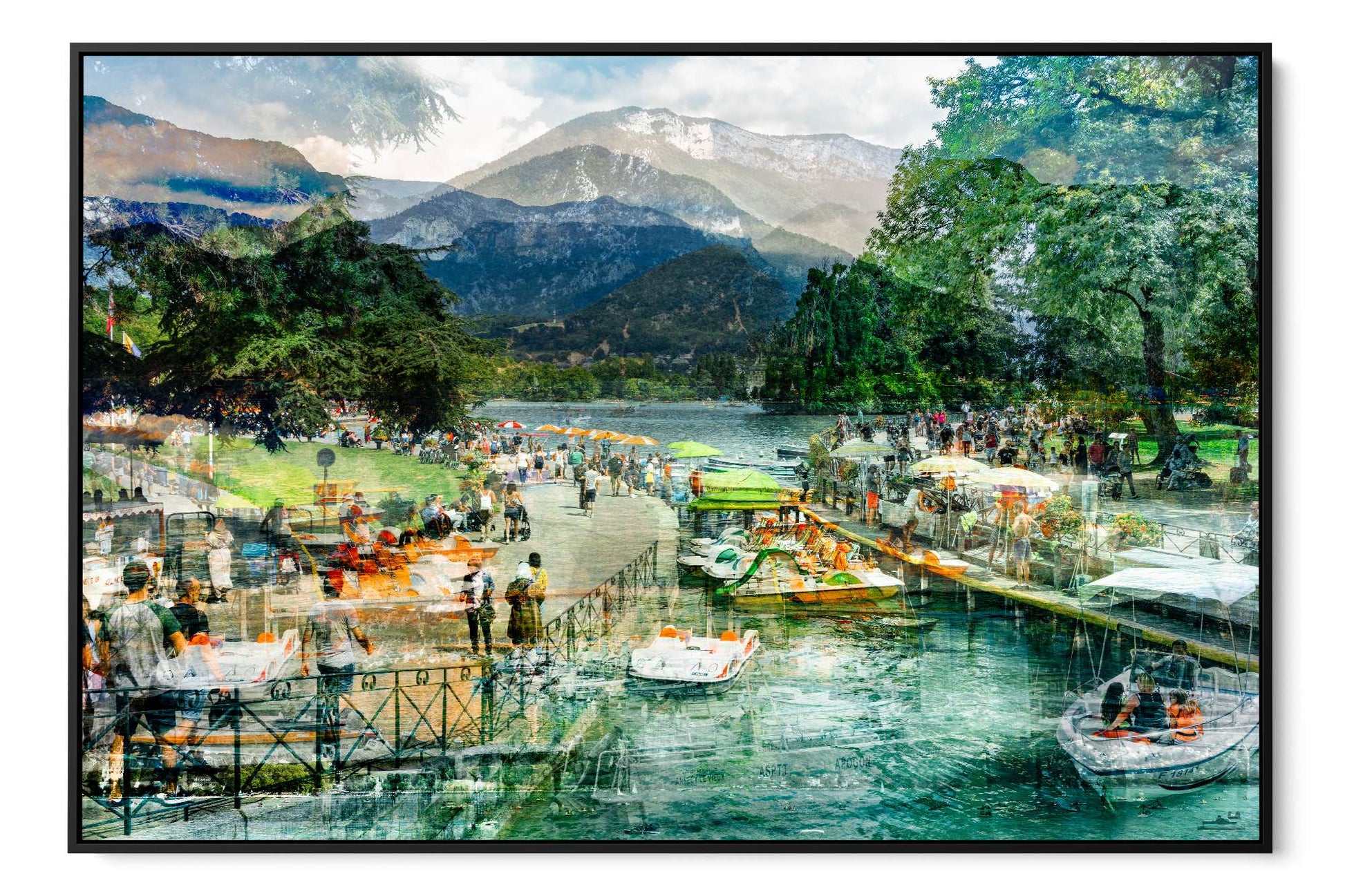 Afternoon Walk at Lake Annecy layered photograph under acrylic glass with black floater frame, 40 by 60 inch artwork