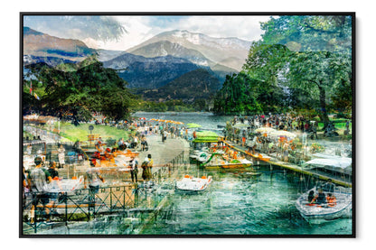 Afternoon Walk at Lake Annecy layered photograph under acrylic glass with black floater frame, 40 by 60 inch artwork