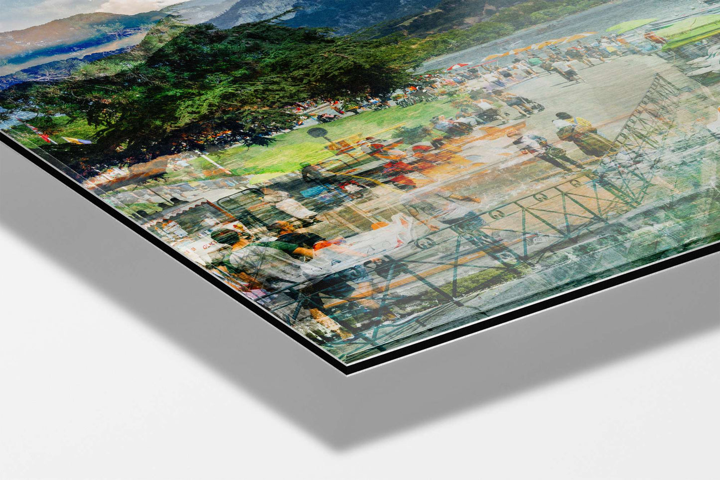 Afternoon Walk at Lake Annecy photograph mounted on Aluminum Dibond under acrylic glass, close detail of the layered promenade
