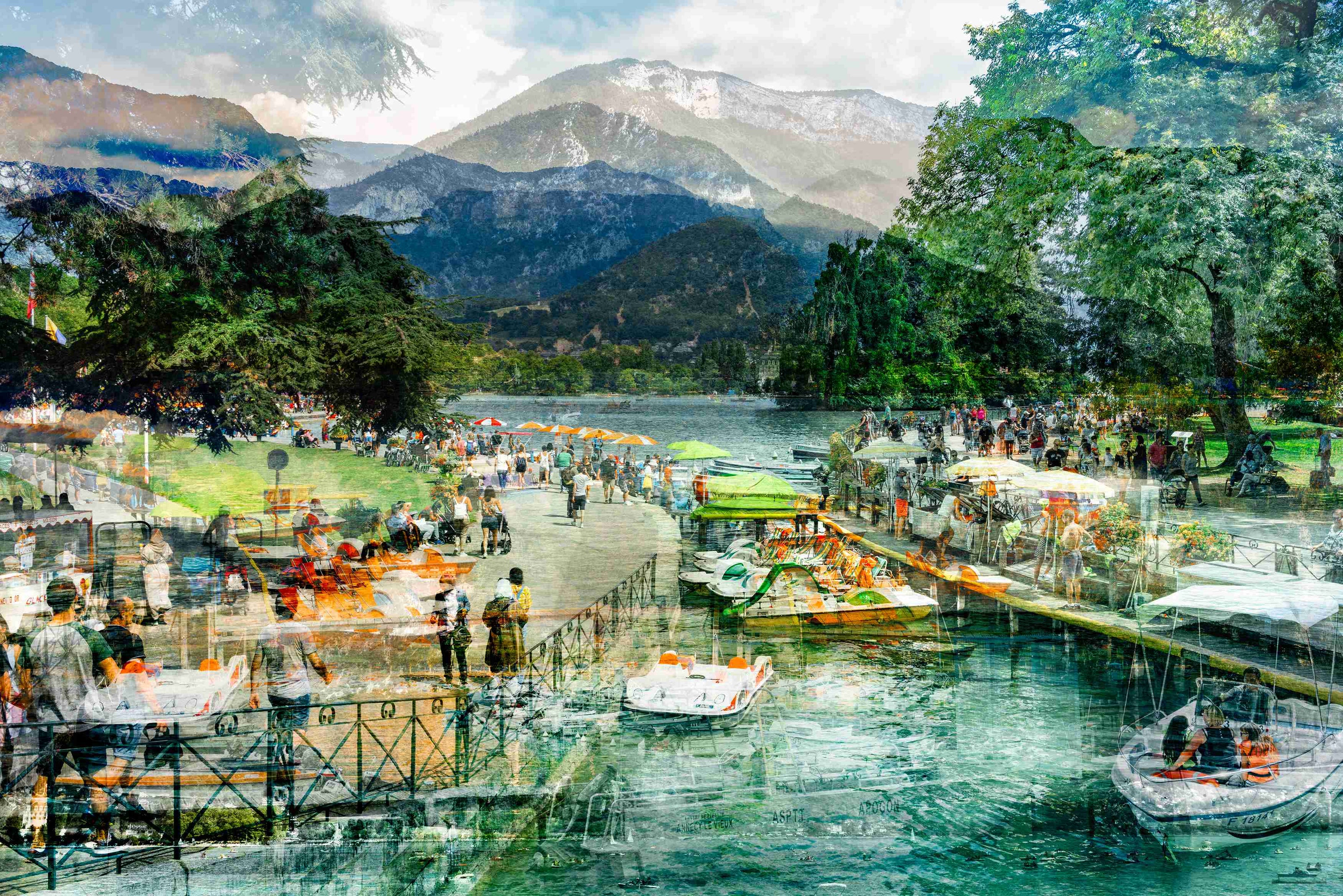 Afternoon Walk at Lake Annecy photography print by Charlotte Fonne, layered fine art of the lake and the French Alps, from the Breathe Series