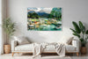 Afternoon Walk at Lake Annecy layered photography print in a white floater frame, displayed above a daybed in a modern living room