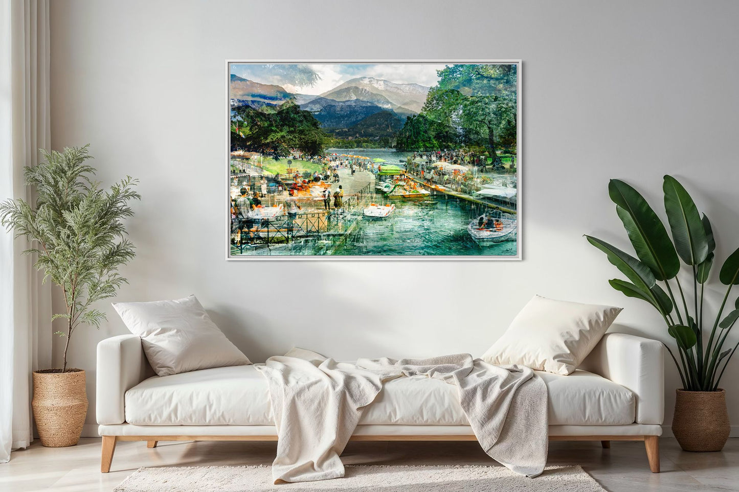 Afternoon Walk at Lake Annecy layered photography print in a white floater frame, displayed above a daybed in a modern living room