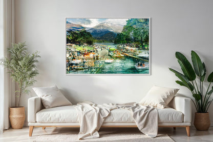 Afternoon Walk at Lake Annecy layered photography print in a white floater frame, displayed above a daybed in a modern living room