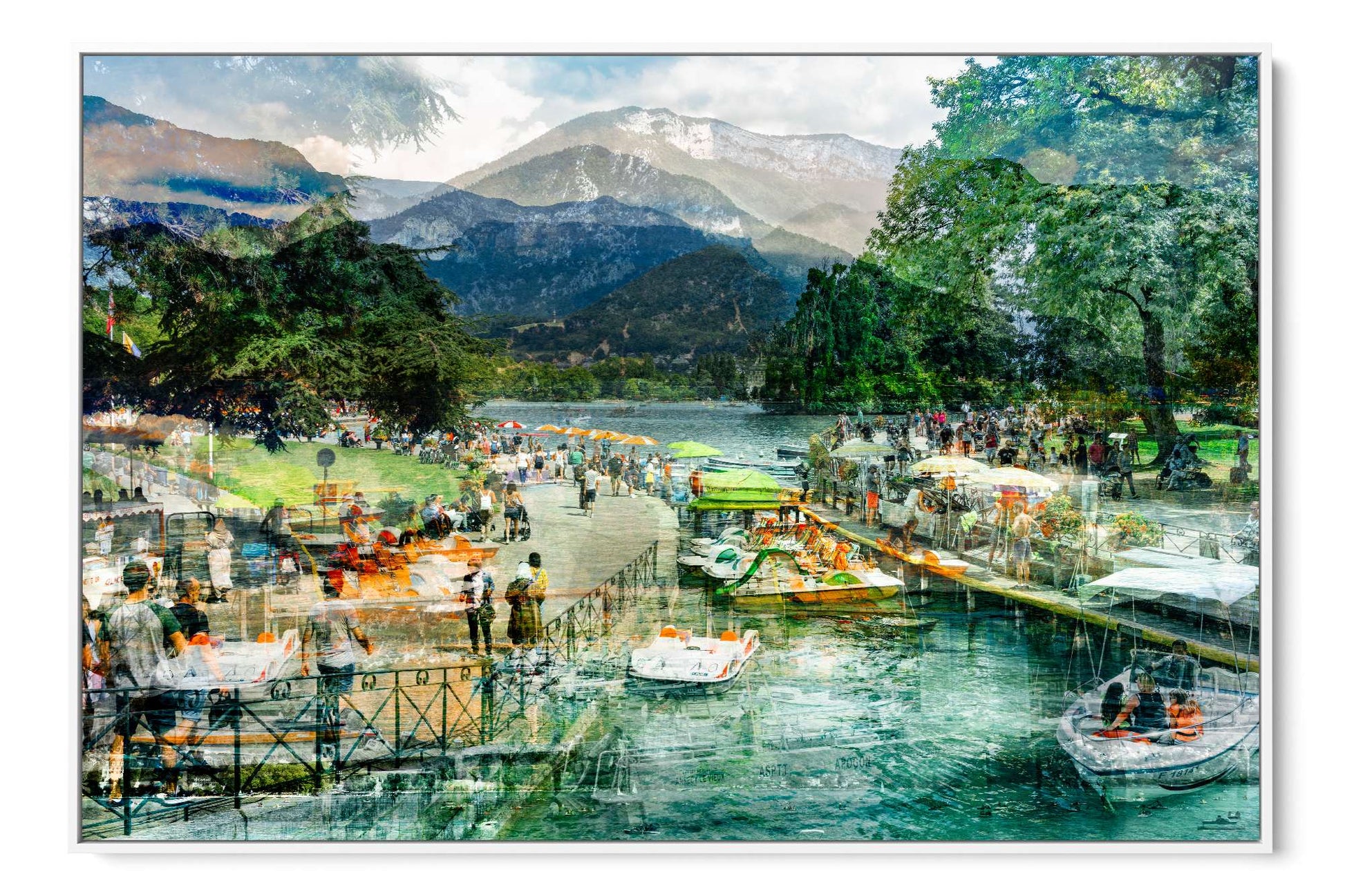 Afternoon Walk at Lake Annecy layered photograph under acrylic glass with white floater frame, 40 by 60 inch artwork