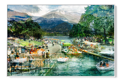 Afternoon Walk at Lake Annecy layered photograph under acrylic glass with white floater frame, 40 by 60 inch artwork