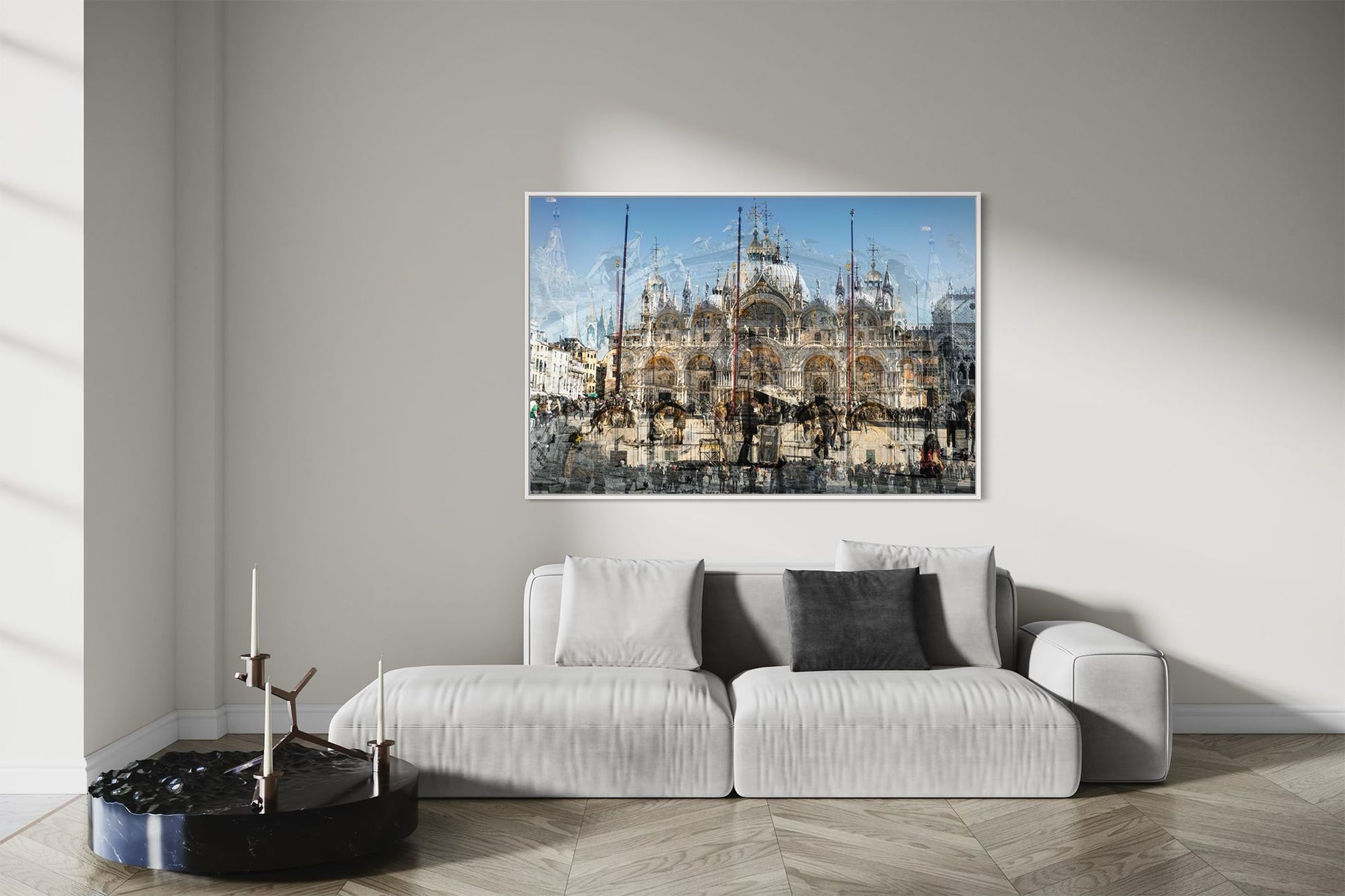 Basilica di San Marco layered photography print in a white floater frame, displayed above a sofa in a modern living room