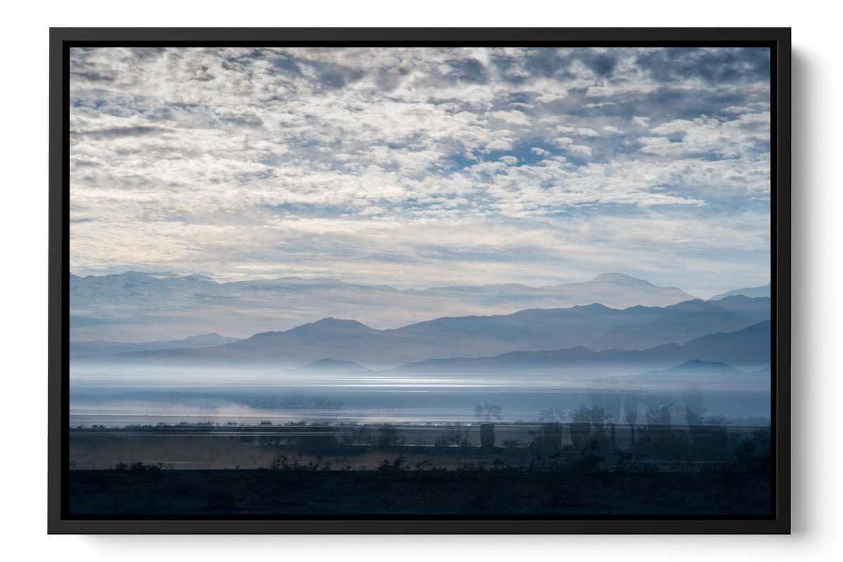 Blue Salton Sea desert lake photograph under acrylic glass with black floater frame, 16 by 24 inch artwork