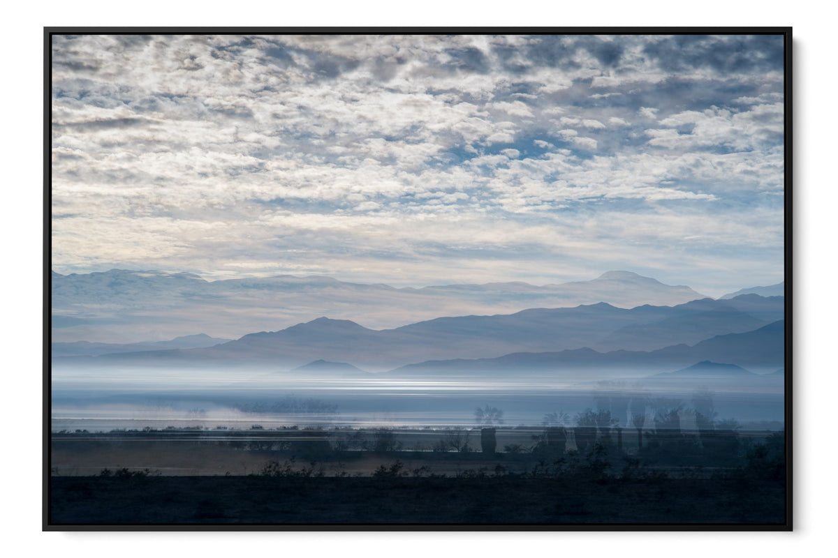 Blue Salton Sea layered photograph under acrylic glass with black floater frame, 40 by 60 inch artwork