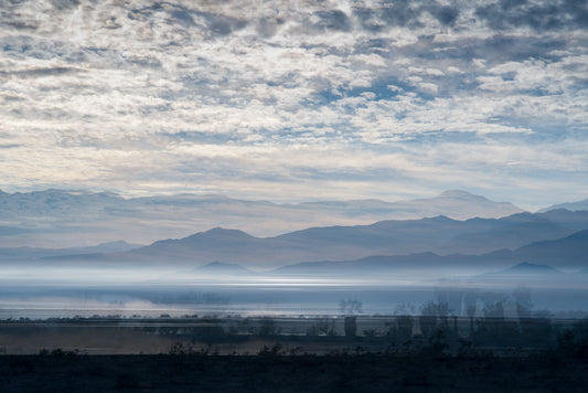Blue Salton Sea photography print by Charlotte Fonne, fog over a California desert lake, layered fine art from the Dream Series