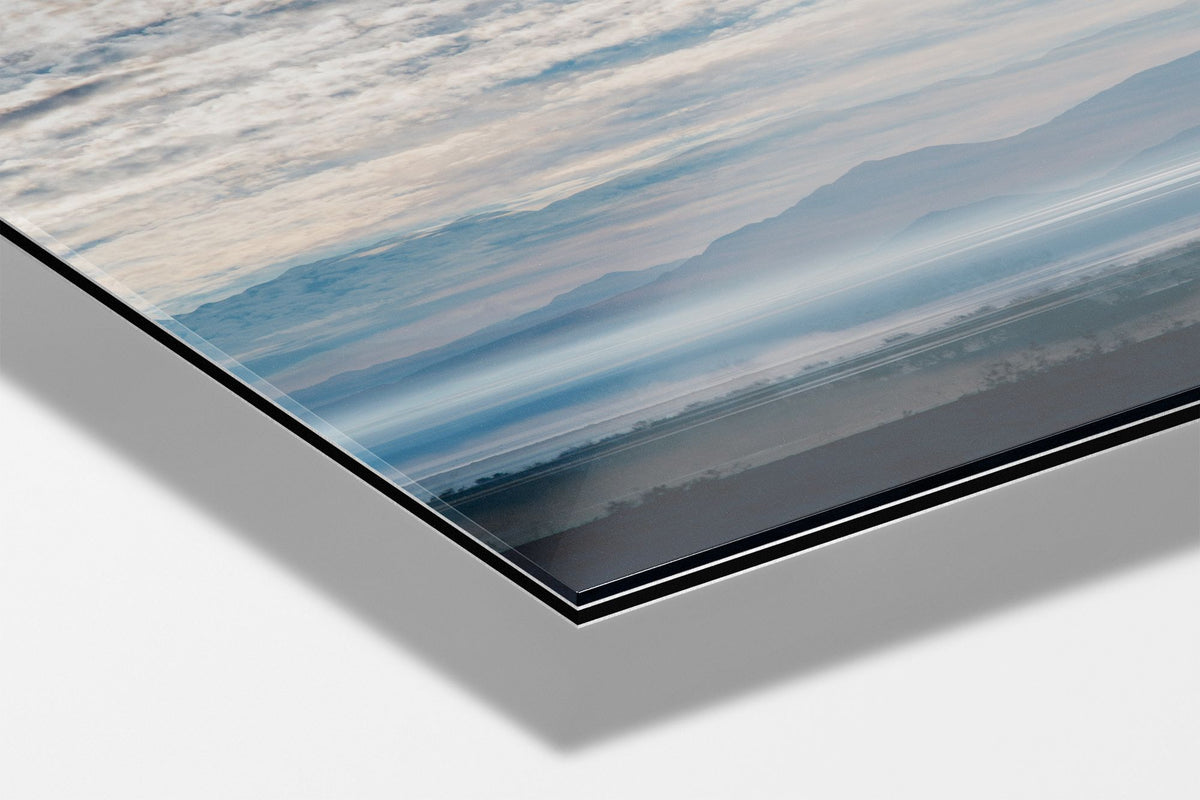 Blue Salton Sea photograph mounted on Aluminum Dibond under acrylic glass, close detail of the layered mountains and fog on the lake