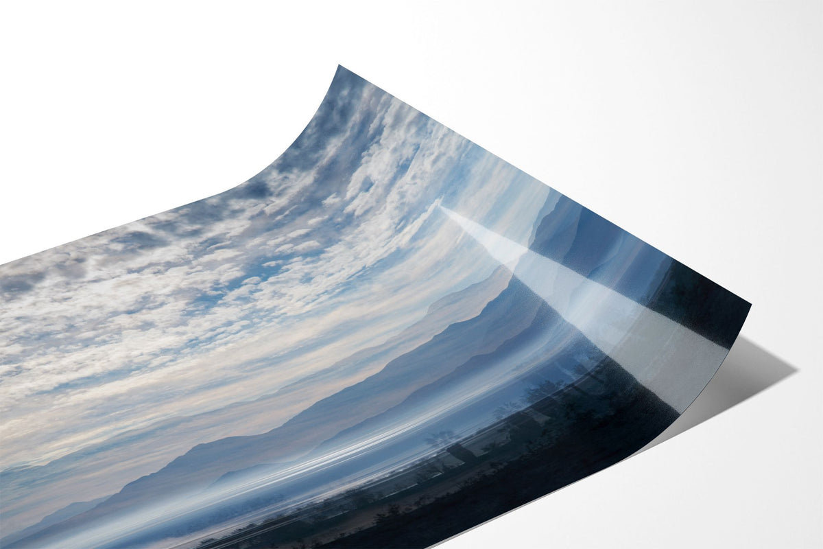 Close up of the Blue Salton Sea fine art photograph printed on Fuji Crystal Archive DP II paper, showing clouds and desert mountains