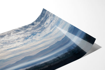 Close up of the Blue Salton Sea fine art photograph printed on Fuji Crystal Archive DP II paper, showing clouds and desert mountains