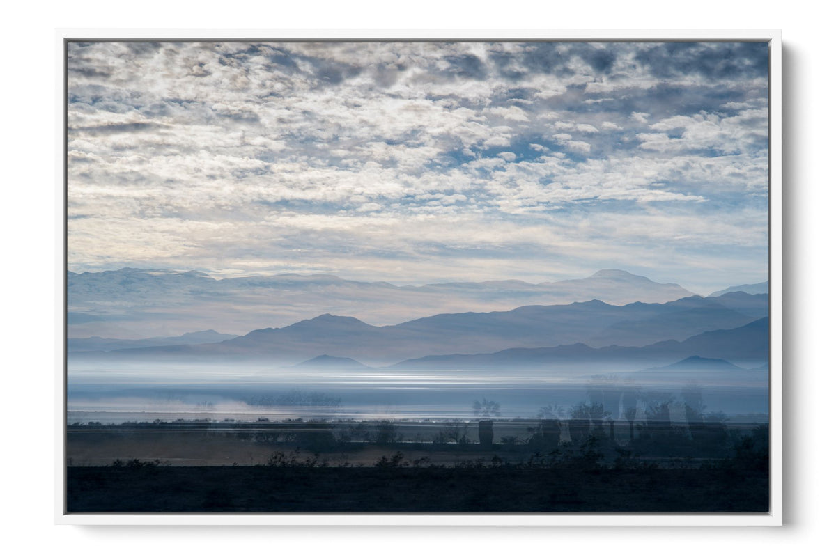 Blue Salton Sea California photograph under acrylic glass with white floater frame, 24 by 36 inch artwork