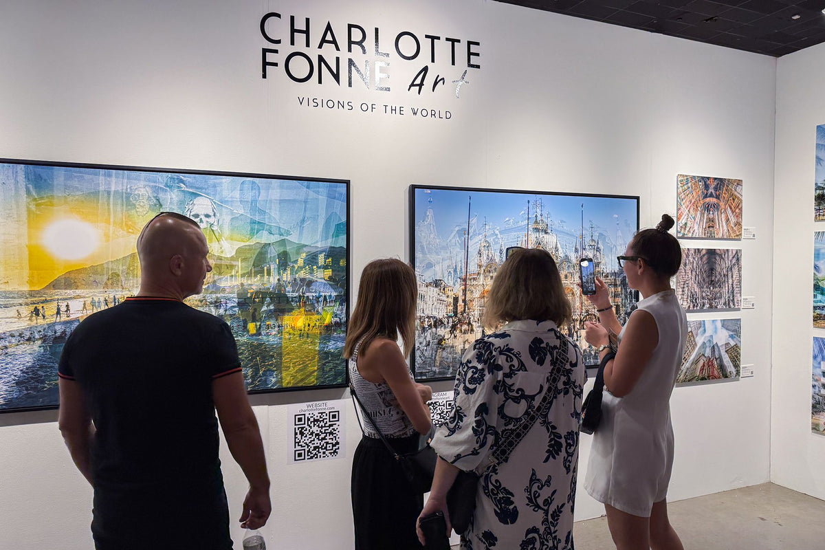 Visitors at Charlotte Fonne's booth at Spectrum Miami 2025, in front of Cidade Maravilhosa and Basilica di San Marco