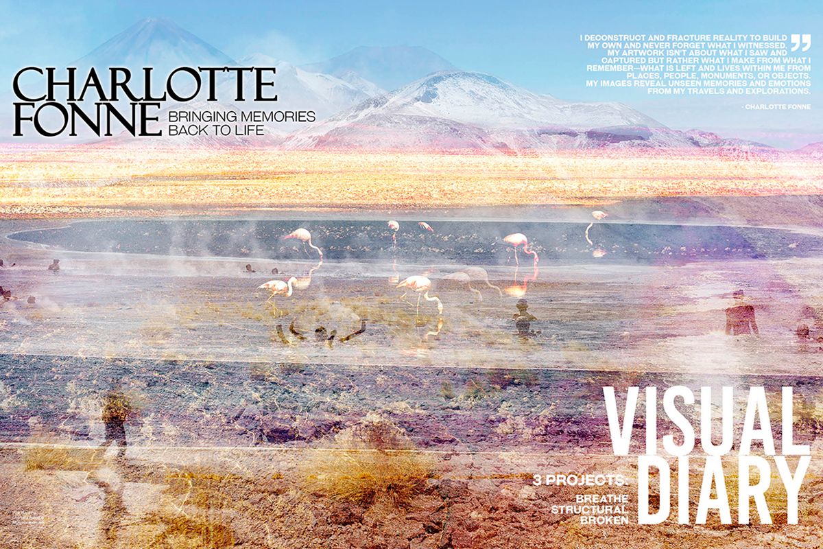 Lens Magazine feature on Charlotte Fonne, opening spread with her layered photograph Pink Atacama