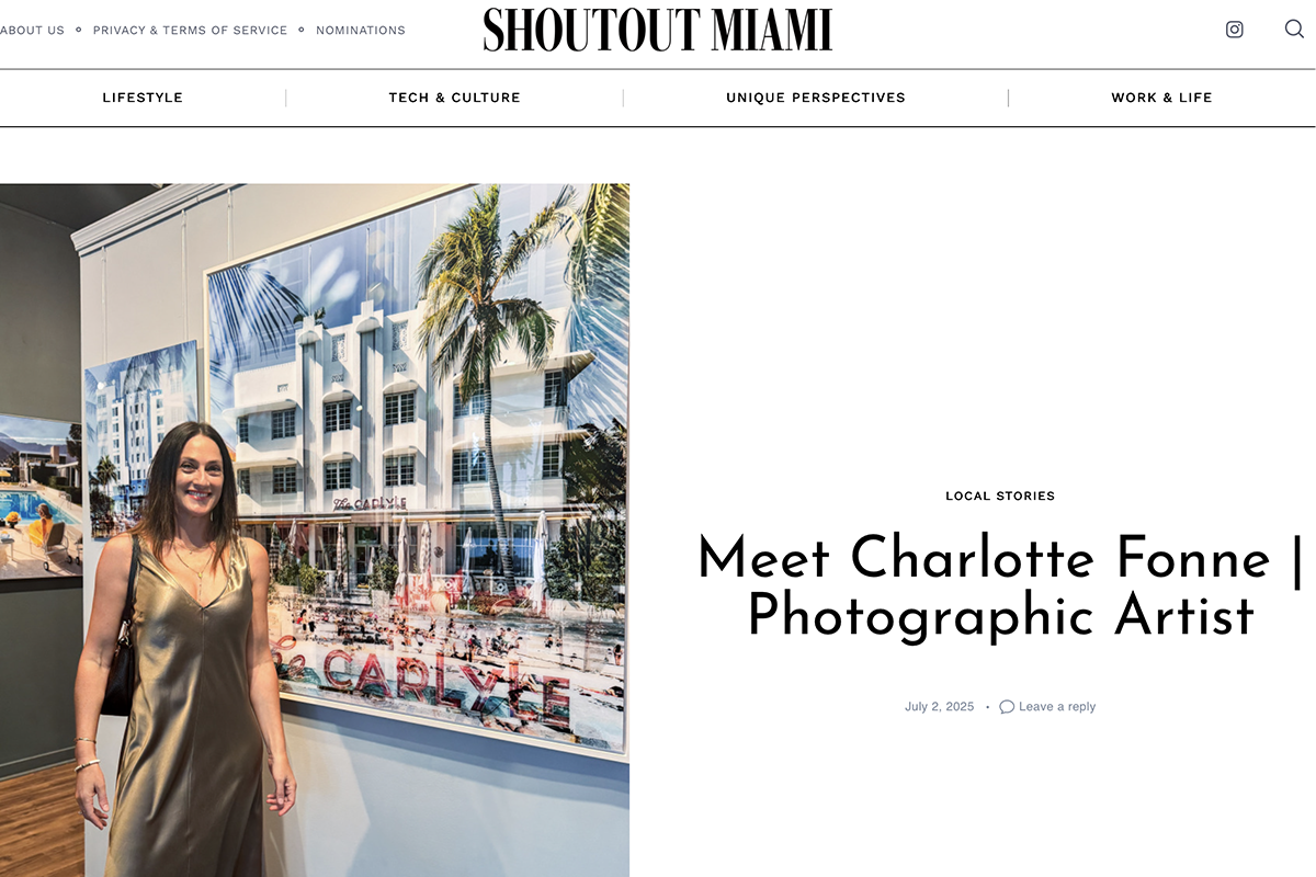 Shoutout Miami interview Meet Charlotte Fonne, Photographic Artist, with Charlotte beside The Carlyle at Lumas
