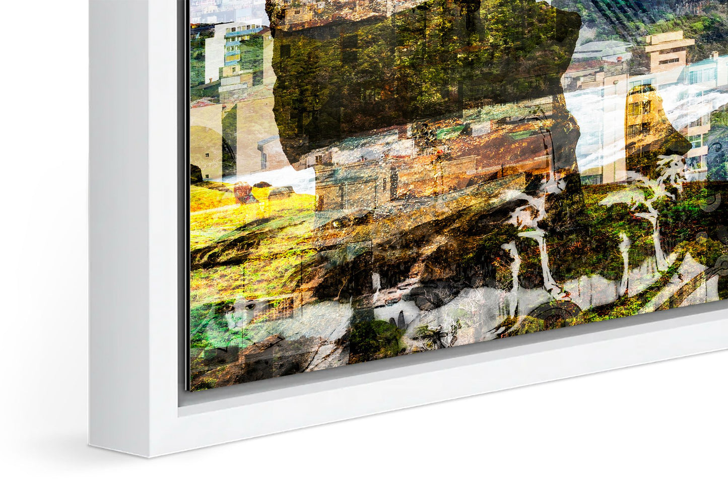 Chilean Poem photograph under acrylic glass with white floater frame, close up detail