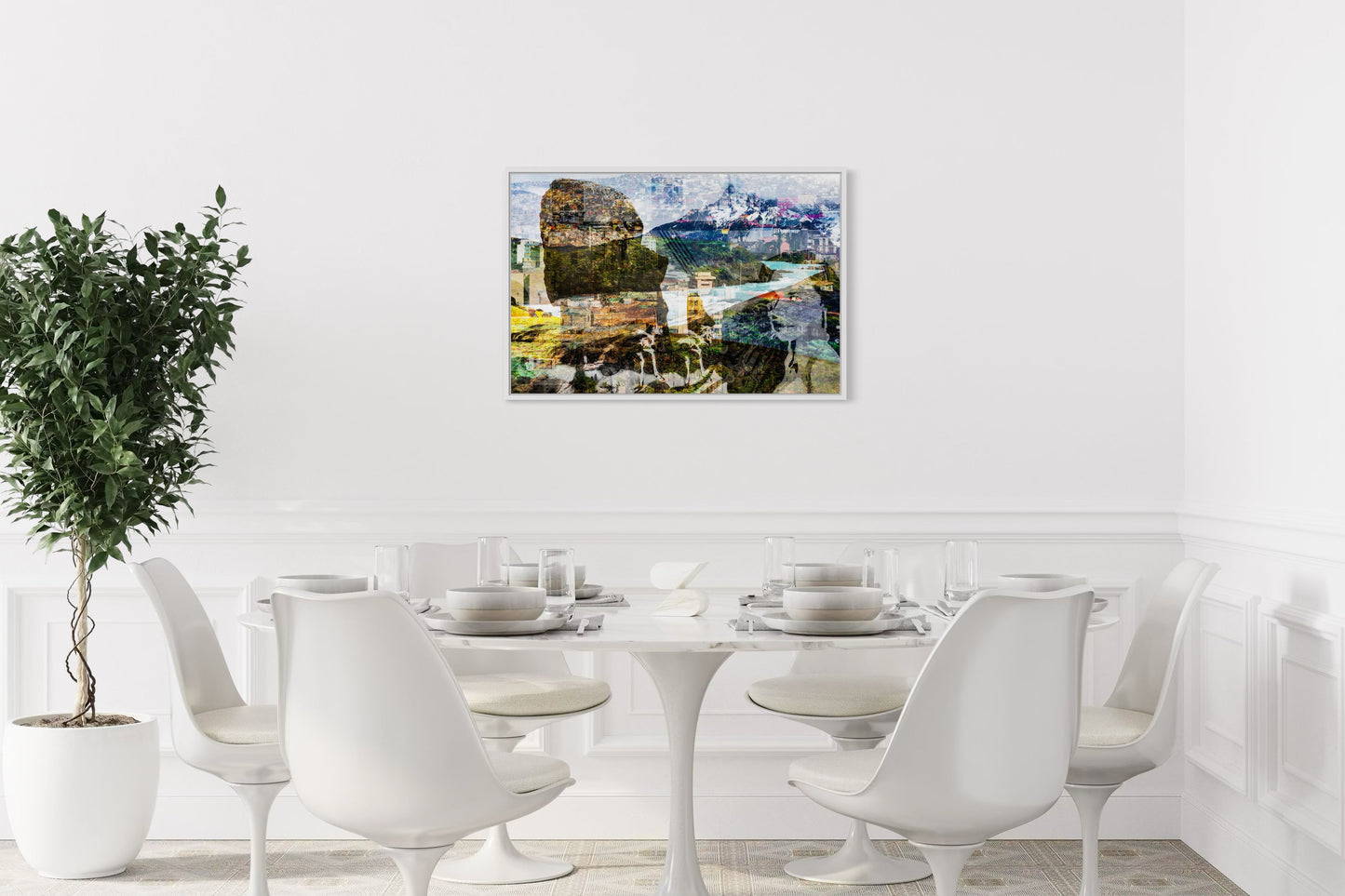 Chilean Poem layered photography print displayed above a table in a modern dining room interior