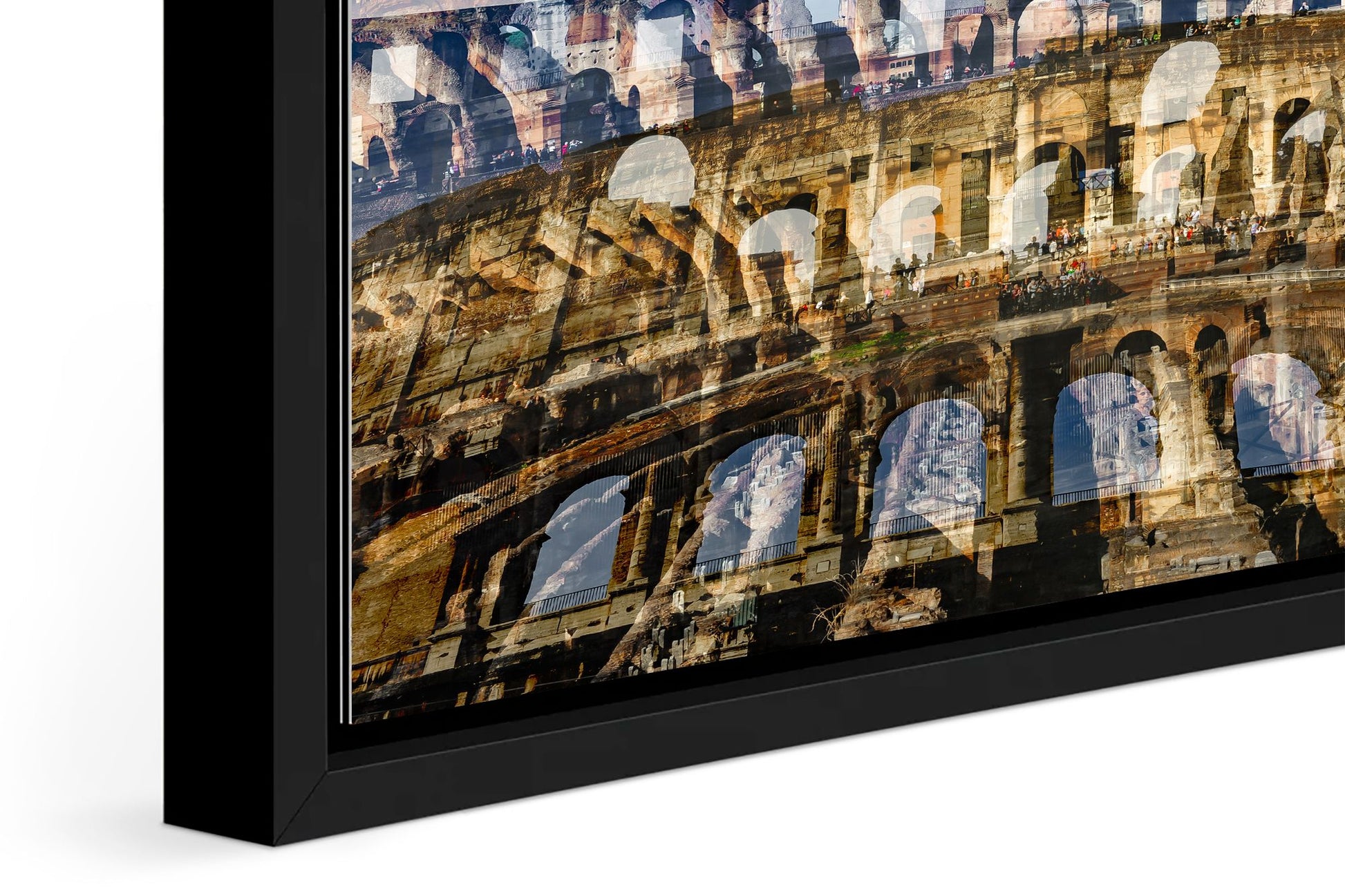 Colosseo photograph under acrylic glass with black floater frame, close up detail