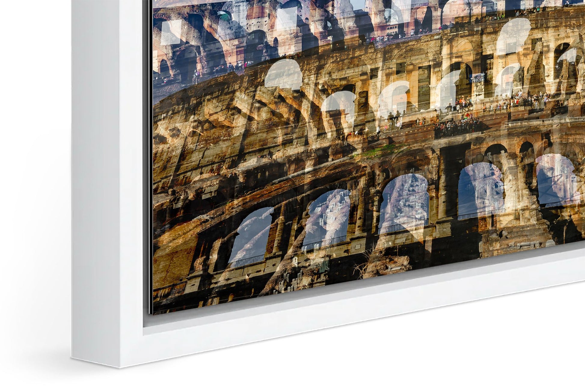 Colosseo photograph under acrylic glass with white floater frame, close up detail