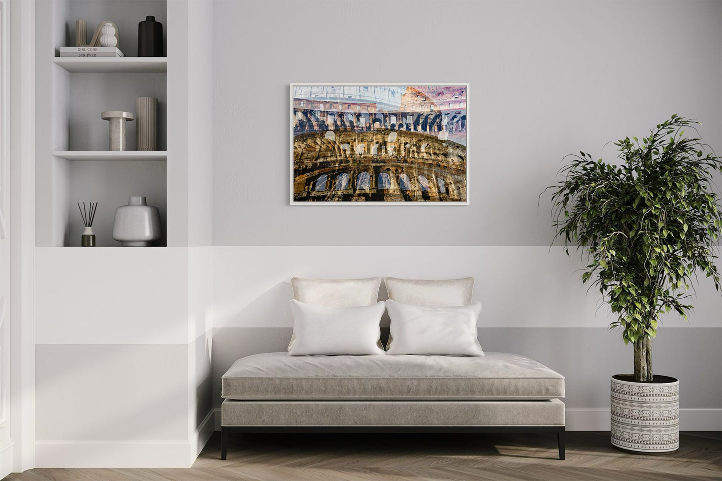 Colosseo layered photography print in a white floater frame, displayed above a daybed in a modern living room
