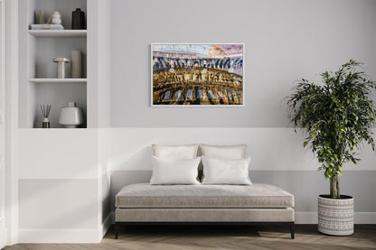 Colosseo layered photography print in a white floater frame, displayed above a daybed in a modern living room