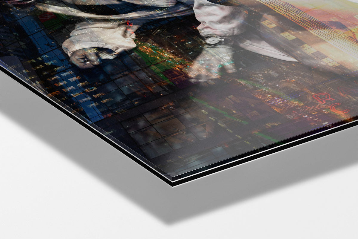 Girl in Manhattan photograph mounted on Aluminum Dibond under acrylic glass, close detail of her hands over the lit windows of the city at night