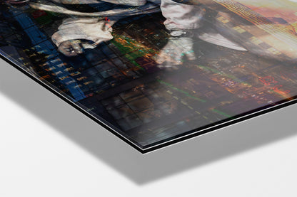 Girl in Manhattan photograph mounted on Aluminum Dibond under acrylic glass, close detail of her hands over the lit windows of the city at night