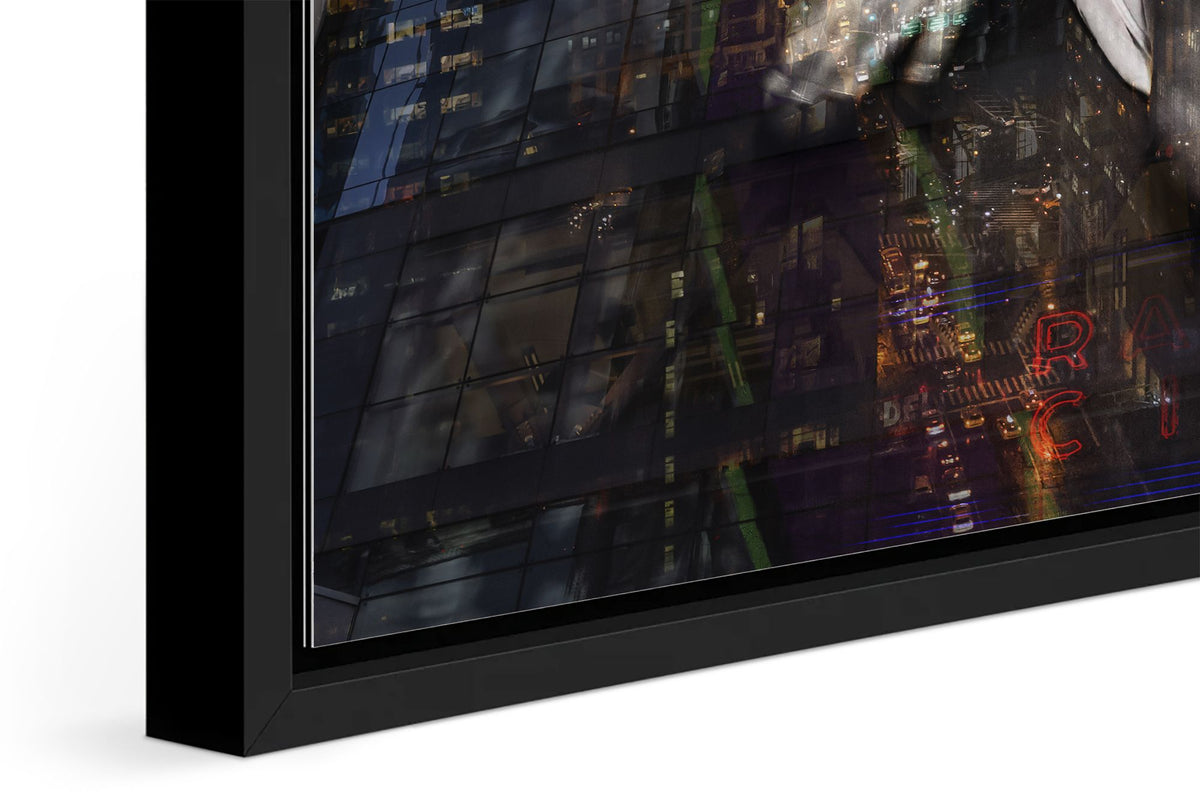 Girl in Manhattan photograph under acrylic glass with black floater frame, close up detail