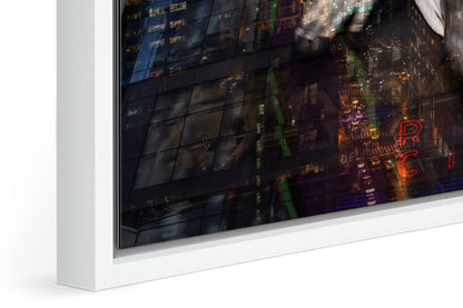 Girl in Manhattan photograph under acrylic glass with black floater frame, close up detail