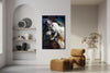 Girl in Manhattan layered portrait photography print in a black floater frame, displayed in a living room with a curved tan chair and an arched wall niche
