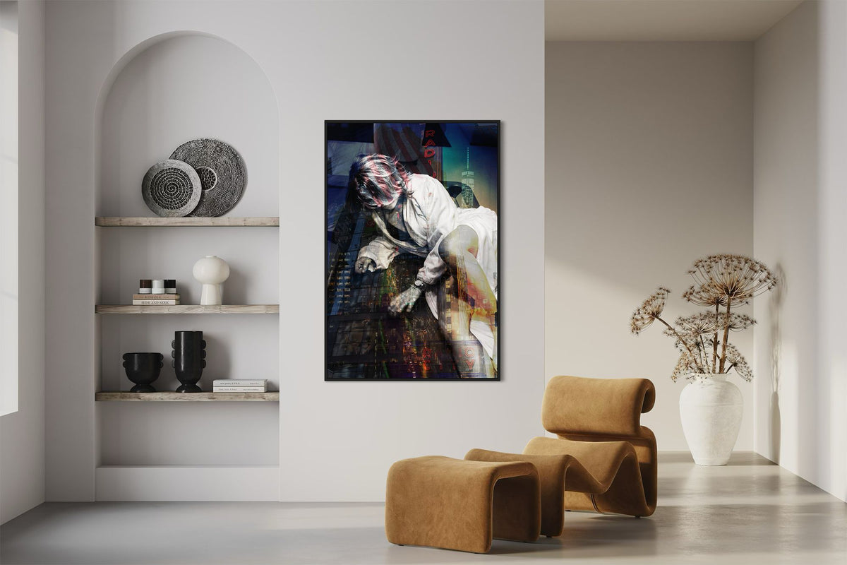 Girl in Manhattan layered portrait photography print in a black floater frame, displayed in a living room with a curved tan chair and an arched wall niche