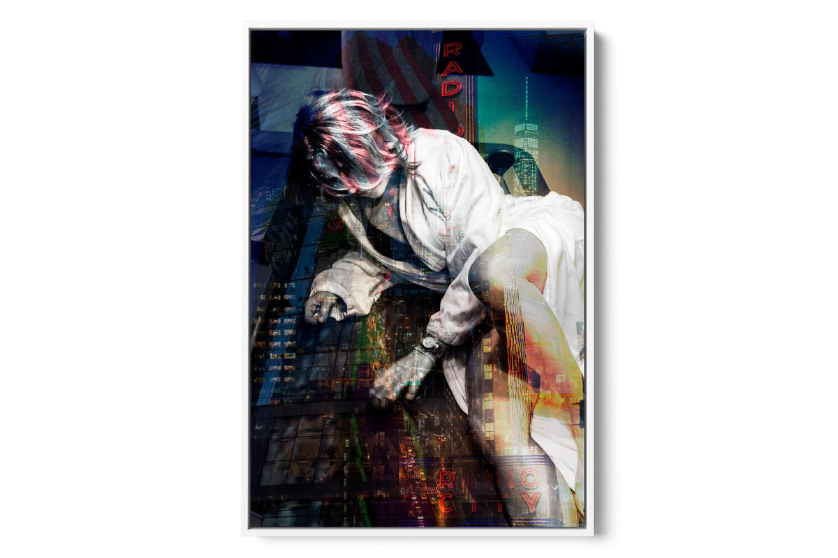 Girl in Manhattan layered portrait photograph under acrylic glass with white floater frame, 24 by 36 inch artwork