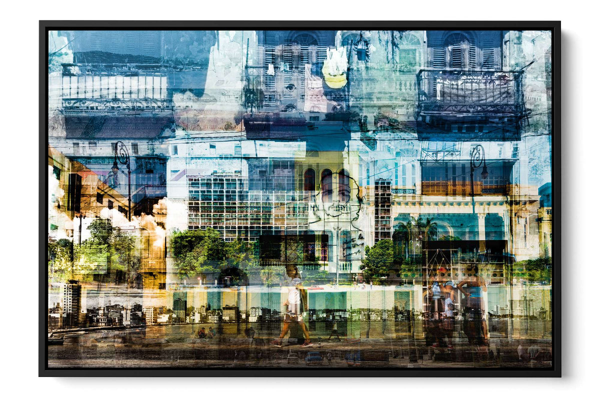 Hermosa Cuba Malecón photograph under acrylic glass with black floater frame, 24 by 36 inch artwork