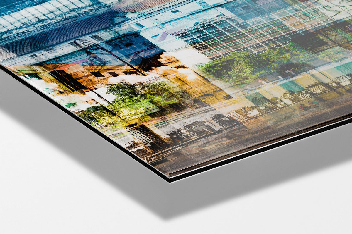 Hermosa Cuba photograph mounted on Aluminum Dibond under acrylic glass, close detail of the patchwork of facades and trees above the Malecón