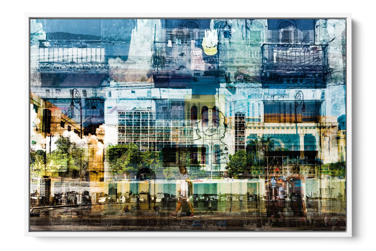 Hermosa Cuba Malecón photograph under acrylic glass with white floater frame, 24 by 36 inch artwork