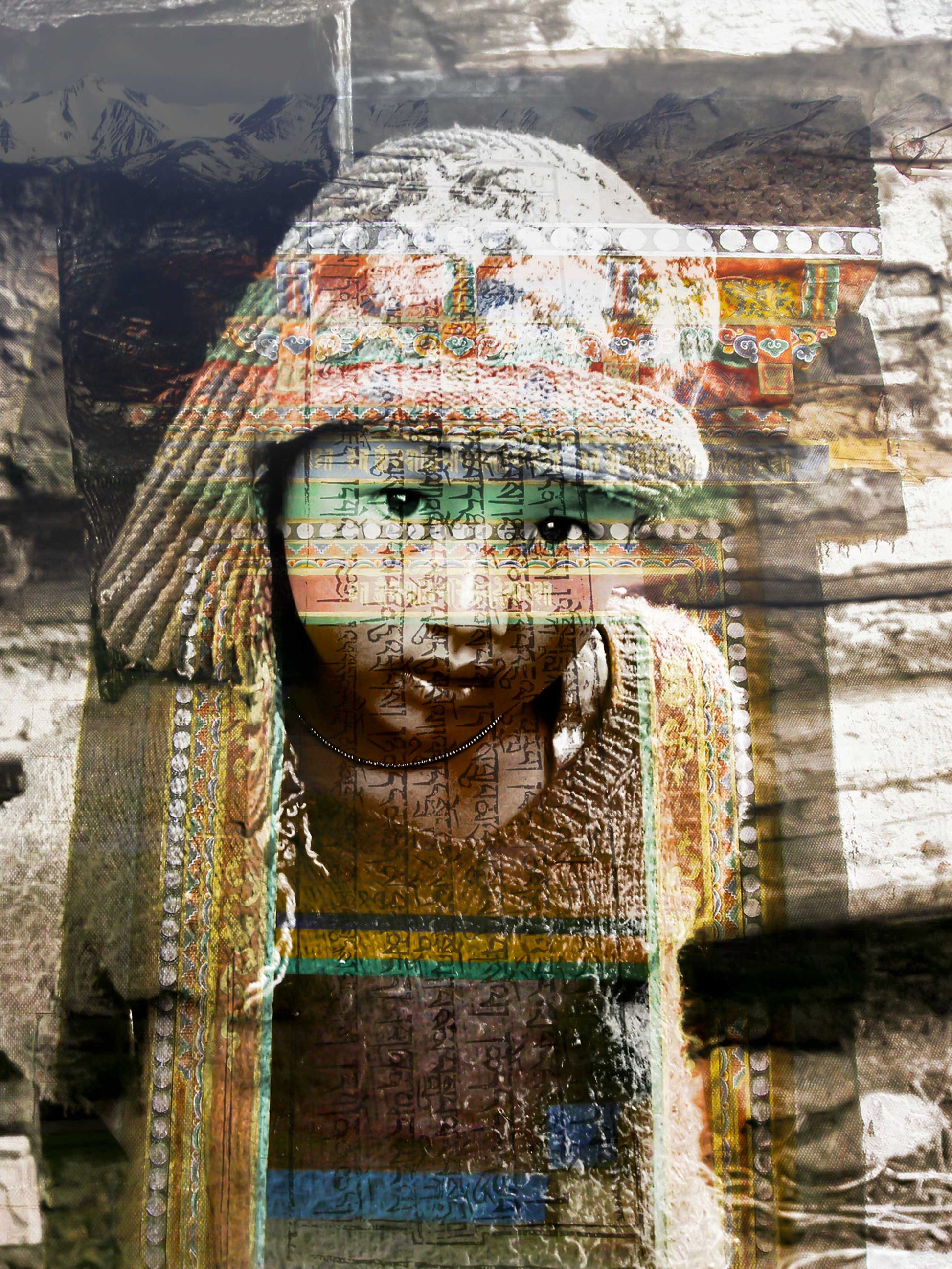 Ladakhi Girl Lost in Kalpa portrait photography print by Charlotte Fonne, a child layered with her Himalayan valley, from the Reflection Series