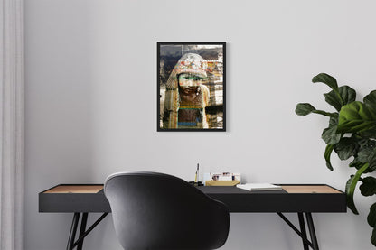Ladakhi Girl Lost in Kalpa portrait photography print in a black floater frame, displayed above a desk in a modern home office