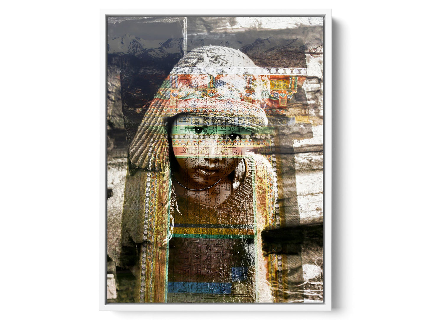 Ladakhi Girl Lost in Kalpa Himalayan portrait photograph under acrylic glass with white floater frame, 15 by 20 inch artwork
