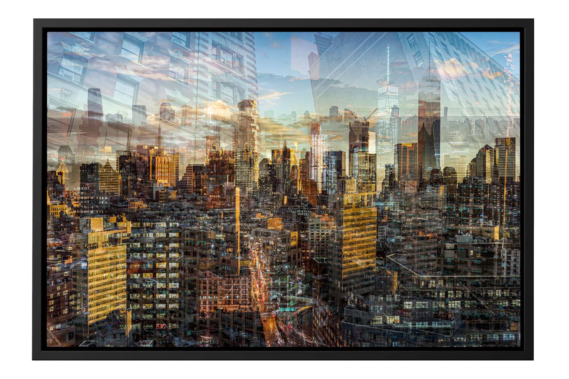Manhattan View New York City photograph under acrylic glass with black floater frame, 16 by 24 inch artwork