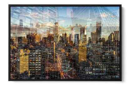 Manhattan View skyline photograph under acrylic glass with black floater frame, 24 by 36 inch artwork