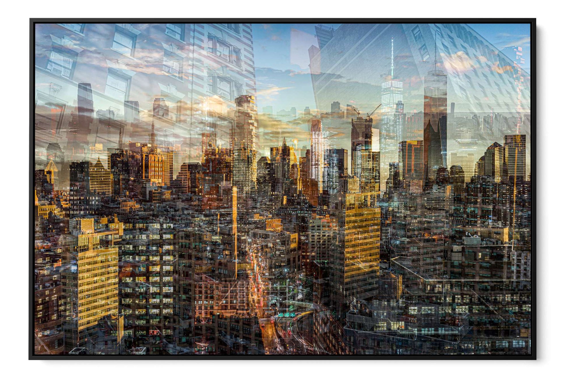 Manhattan View layered photograph under acrylic glass with black floater frame, 40 by 60 inch artwork