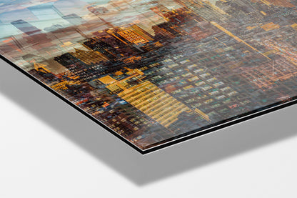 Manhattan View photograph mounted on Aluminum Dibond under acrylic glass, close detail of the layered towers and lit windows