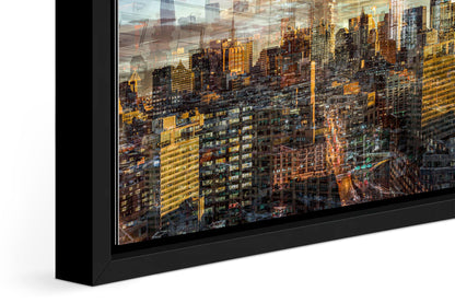 Manhattan View photograph under acrylic glass with black floater frame, close up detail