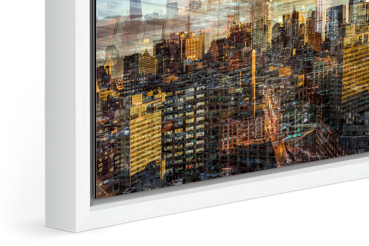 Manhattan View photograph under acrylic glass with white floater frame, close up detail