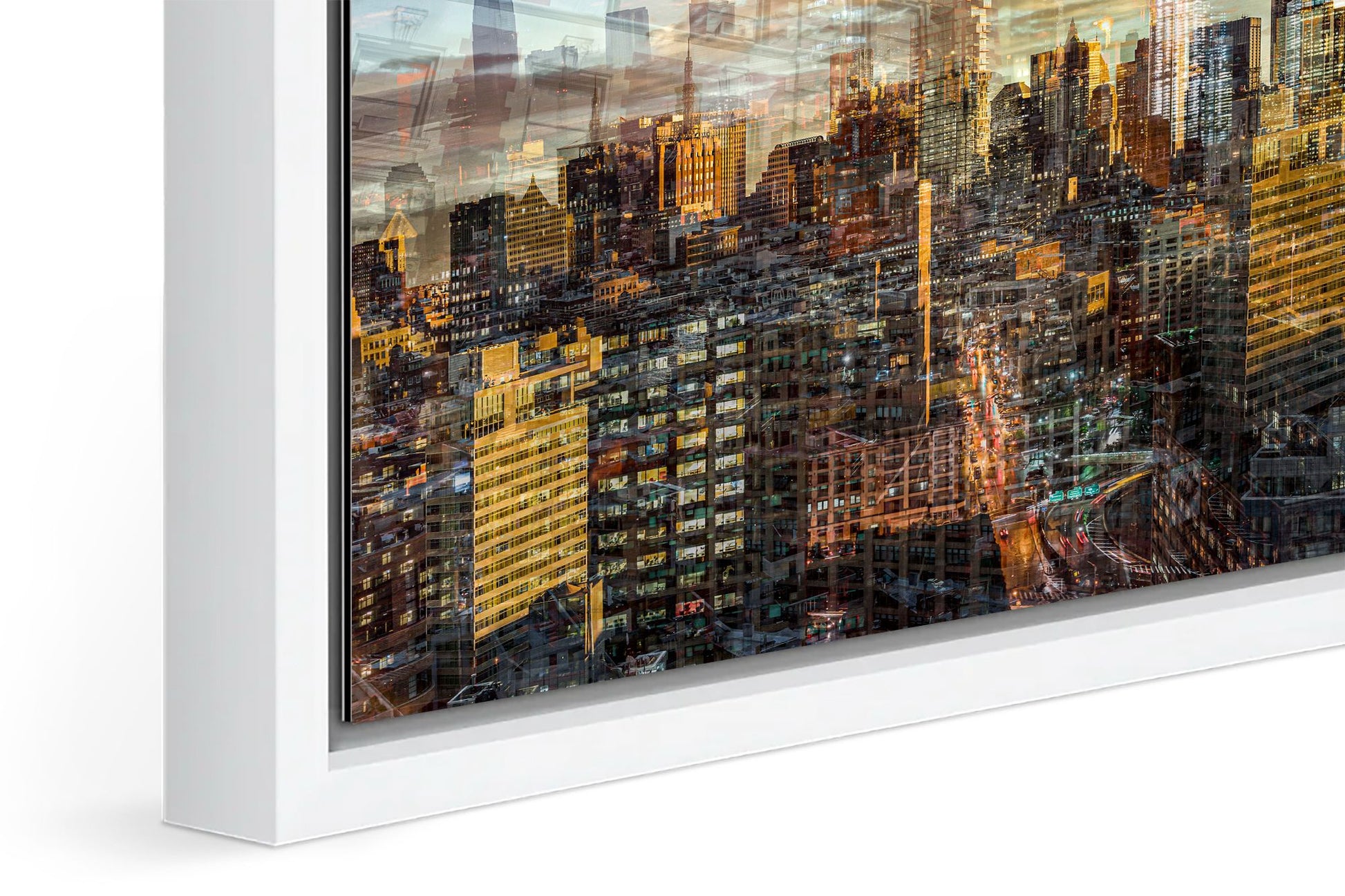 Manhattan View photograph under acrylic glass with white floater frame, close up detail