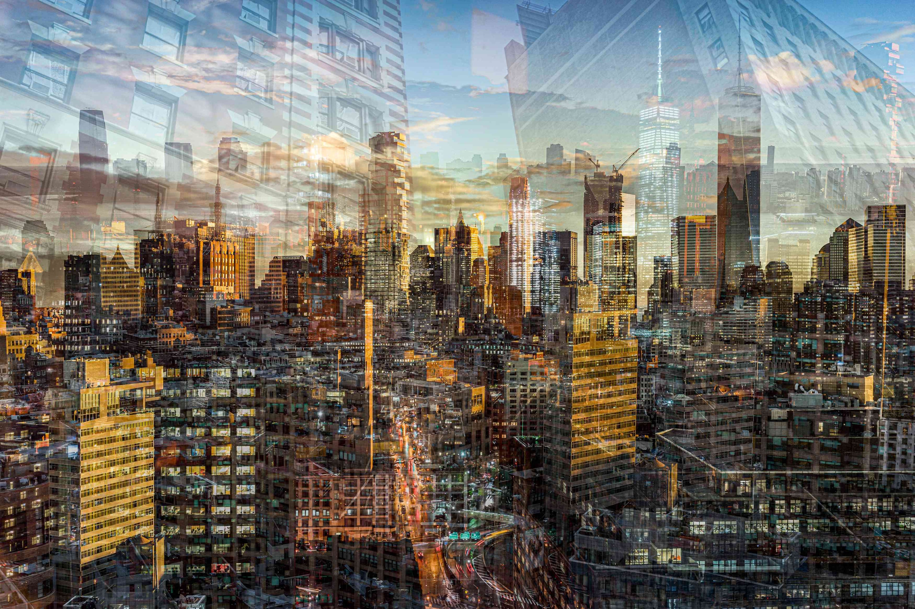 Manhattan View photography print by Charlotte Fonne, the New York skyline layered into one image, from the Breathe Series