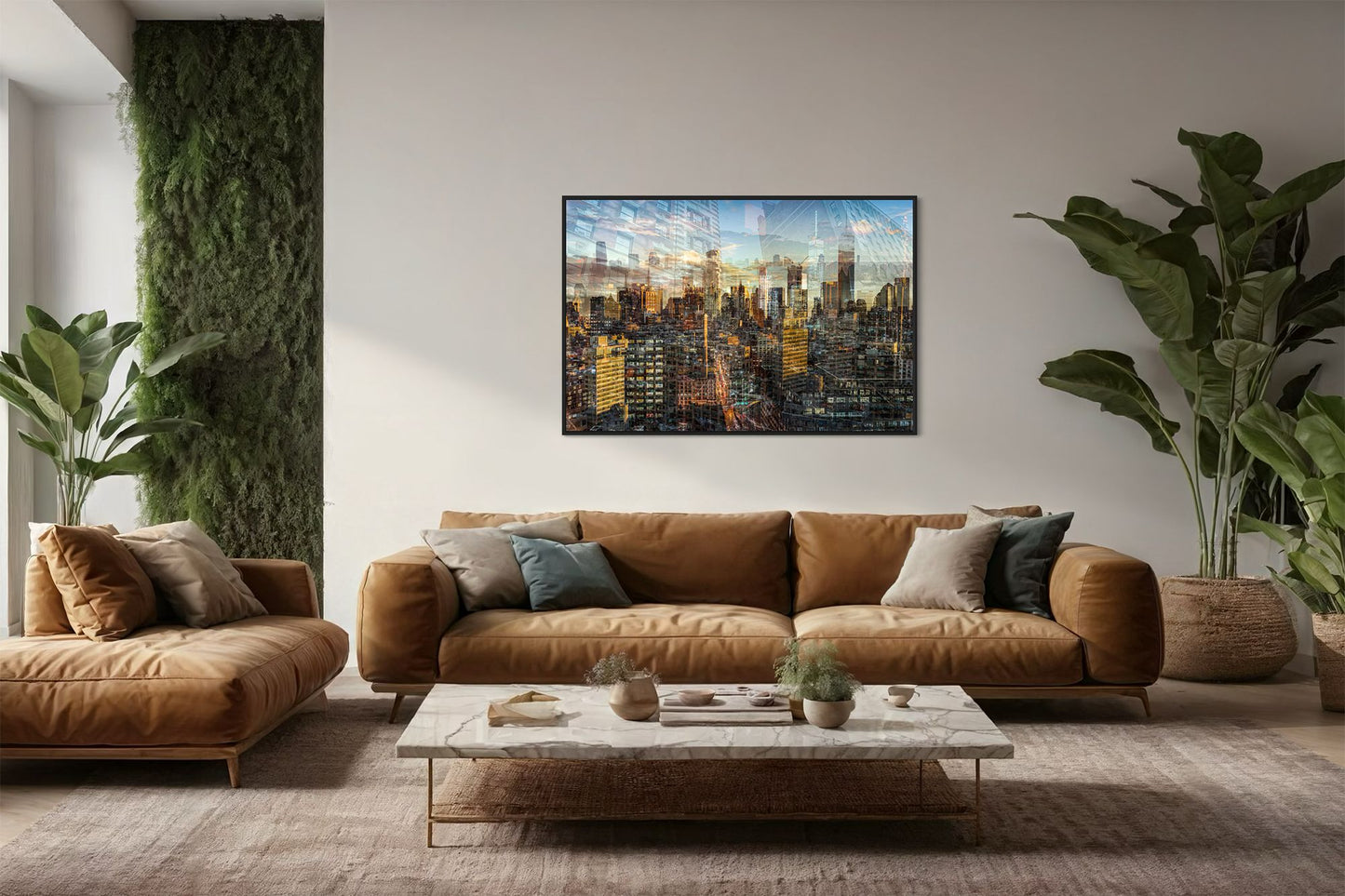Manhattan View layered photography print in a black floater frame, displayed above a tan leather sofa in a living room